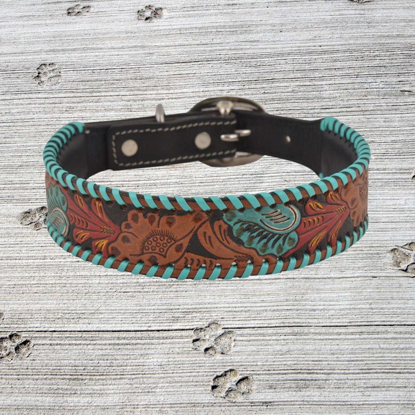 Full bloom hand tooled leather dog collar