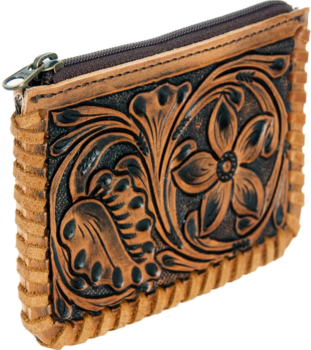 Tooled leather coin pouch